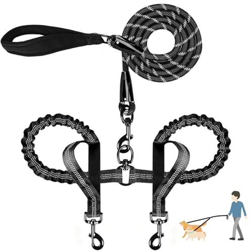 QUAN DUO DUO Durable Double Dog Leash Two Dog Leash No Tangle with Padded Handles & Reflective Strips for Medium Large Dogs, Comfortable Shock Absorbing Bungee for Two Dogs 18~120 Lbs