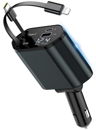 4 in 1 Zigarettenanzünder USB C 66W, Auto Ladegerät Adapter Kfz mit einziehbare Typ-C Kabel/USB C/USB A