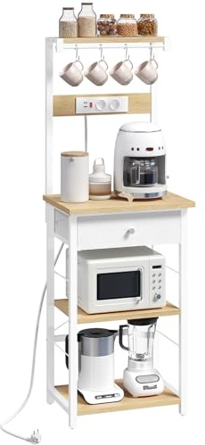 MAHANCRIS Scaffale da Cucina con Presa di Corrente e Cassetto, Supporto per Microonde, Stazione Bar per Caffè, 4 Ganci a S, per Soggiorno, Sala da Pranzo, Colore Naturale ABRBN48UE01