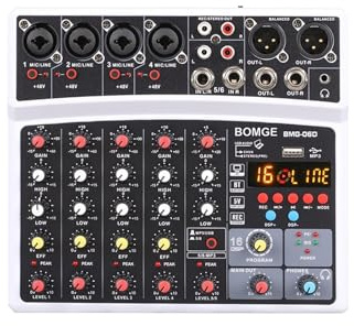 Mixer audio per DJ Mixer wireless a 6 canali, console di missaggio portatile, scheda con interfaccia USB con 16 DSP Echo, alimentazione Phantom a 48 V(BMG-06D-White)