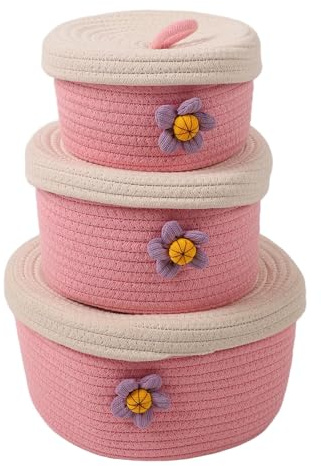 Tomotato 3 Piezas Cestas de Cuerda de Algodón, Cestas de Algodón Tejido de Cuerda con Tapa Redonda Contenedor de Almacenamiento de Escritorio para la Sala de Estar, Dormitorio (Rosa)