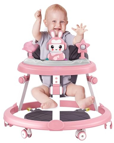 Fiauli Baby Walker pieghevole con ruote mute, 7 livelli di regolazione dell'altezza per bambini, centro attività anti-rollover, 6 – 18 mesi, Baby Lern Walker Rosa