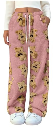Fleece-Loungehose für Damen, Teddybär-Pyjamahose, Winter, Plüsch, flauschig, Pyjamahose, niedlicher Bär, bedruckt, bequem, weich, warm, Fleece, lange Hose, warme Nachtwäsche, dicker Plüsch-Pyjama