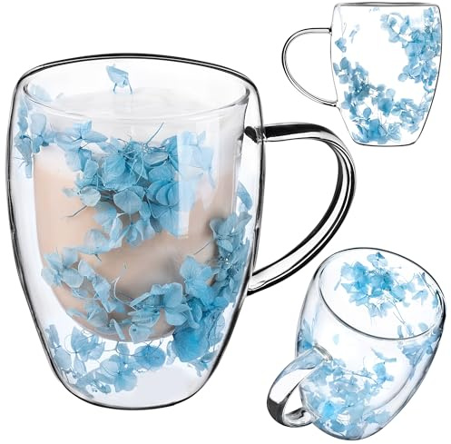 KADAX Doppelwandige Kaffeegläser 350ml, Thermogläser für Tee & Kaffee, Teegläser aus Borosilikatglas, Kaffeetasse mit getrockneten Blumen, Teetasse (Blau)