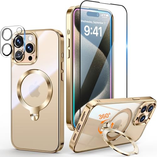Yoouther 3 in 1 Cover Magnetica per iPhone 15 Pro 6.1 [360° CD Supporto Girevole per MagSafe] [Con Pellicola Vetro Temperato & Vetro Fotocamera] [Non Ingiallisce Mai] Protezione Antiurto, Oro