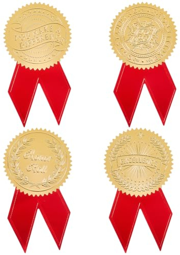 CRASPIRE 48 st guldfolie excellens klistermärken 5 cm hedra inspirera guld präglad folie diplom medaljer dekaler med rött band dekoration klistermärke självhäftande etiketter för kuvert certifikat