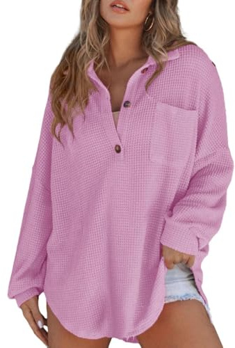 Forandiu Chemise en tricot gaufré pour femme, manches longues, boutonnée, légère, pour l'automne et l'automne, chemise unie Y2K, violet clair, Taille XL