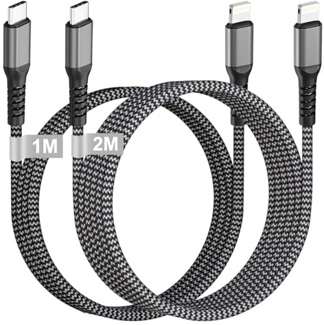 Cable Phone USB C 1M+2M [Certifié MFi], Câble USB C vers Lightning Câble Phone Charge Rapide Nylon Cable Lightning USB C Cordon Phone Fil Chargeur pour Apple 14 Pro Max 13 12 11 XR XS X 8