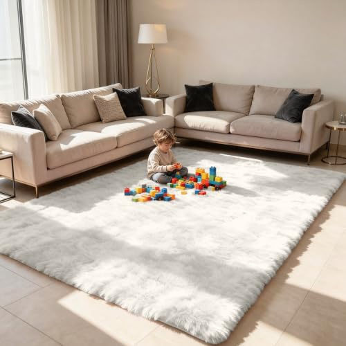 wyewye Fluffy Rug for Living Room, Large Shaggy Anti-Slip Area Rug, Soft Washable Modern Carpet for Bedroom & Nursery, 4 cm Thick Pile, 120 x 160 cm, White