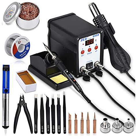 Station de soudage, JCD 2 Dans 1 station de soudage SMD BGA Retravailler LCD Digital 750W Station soudure à air chaud Tools fer souder 8908(Silver)