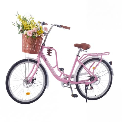 LSBIKE 24/26 Zoll Damen Fahrrad mit Korb, Frauen Mädchen 7-Gang Citybike, Mit Tassenhalter und leichtem Gepäckhalter, Doppelscheibenbremse Stadt Fahrrad, Vintage Fahrrad mit Reflektoren
