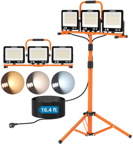 AUTOUTLET Baustrahler LED mit Stativ 300W, 3 Farbtemperaturmodi & 5M Kabel | 27000LM Baulampe, 3000K/5000K/6500K, 118-174cm Höhenverstellbar Stativ, IP66 Wasserdicht, Abnehmbar, für Garage Baustelle