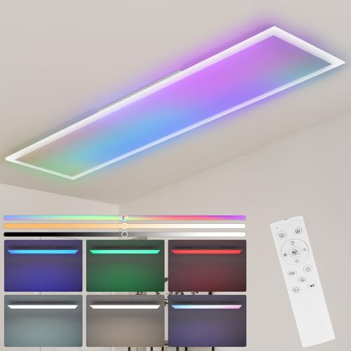 CBJKTX LED Panel 120x30 RGB Deckenleuchte Dimmbar Deckenpanel | Tageslichtlampe GRB Backlight Farbwechsel Bürolampe Flach Büro Deckenlampe 36W für Werkstatt Flur Wohnzimmer
