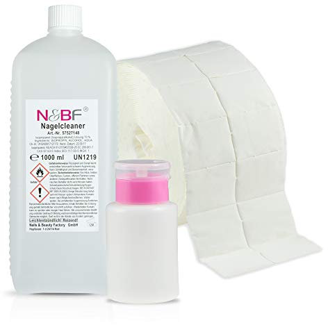 NAILS FACTORY | N&BF Nagel Cleaner Set 1000ml + Dispenser Pumpflasche + 1000 Zelletten Cellulose Pads (2 Rollen à 500 Stück) | 70% Isopropanol-Alkohol isopropylalkohol 1L | für Gelnägel | (Rosa 150)