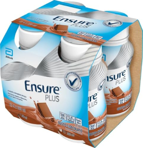 Ensure Plus Supplemento Nutrizionale Ipercalorico con Proteine, privo di Fibre |Formato bevanda| Alimento a fini medici speciali completo e bilanciato | Confezione 4x200ml Gusto Cioccolato