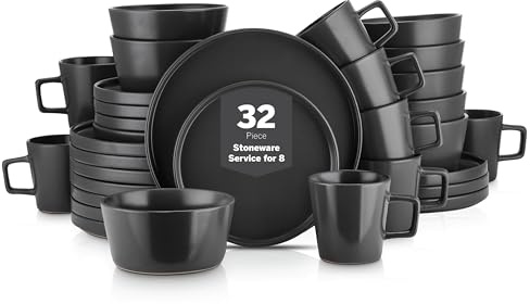 Stone Lain Celina Stoneware 32 Piece Modern Dinnerware Set, Plates and Bowls, Black Matte, Service for 8, Microwave & Dishwasher Safe