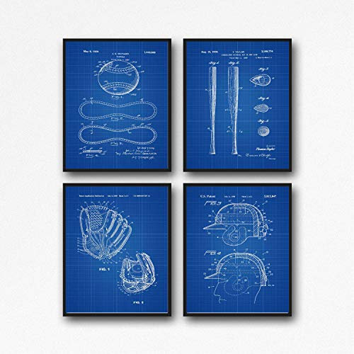 Classic Baseball Decor Baseball Poster Set of 4 WB446-451 (21cm x 30cm, Blueprint)