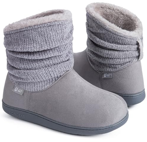 Longbay Women's Warm Chenille Knit Bootie Slippers Memory Foam Comfy Suede Fluffy Faux Fur Memory Foam Boots House Shoes (Large / 9-10, Gray)