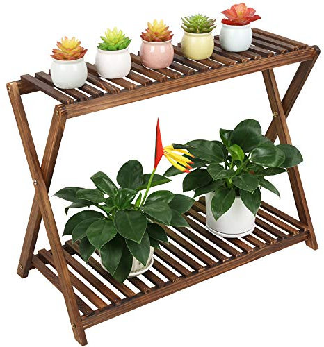 Tovacu Wood Plant Stand Indoor Outdoor 2 Tiers Flower Stand Corner Stepped Planter Shelf Rack Flowerpot Holder for Plant Display in Patio Balcony Entryway Porch Livingroom (Classic X-Cross Design)