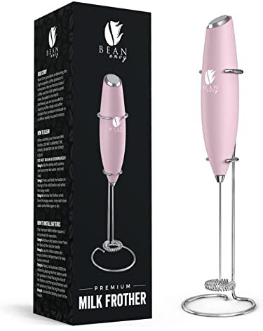 Bean Envy Milk Frother for Coffee - Handheld, Mini Electric Drink Mixer, Foamer & Frother with Stand for Coffee, Lattes, Hot Chocolates and Shakes - Pink