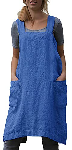 VLZUFE Delantal de lino de algodón para mujer, delantal de espalda cruzada, vestido de pinafore para hornear, cocinar, jardinería, trabajo