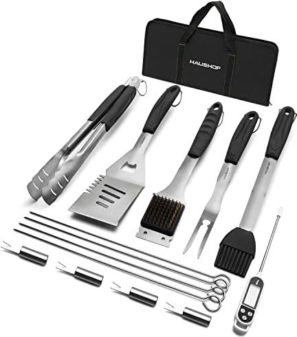 HAUSHOF Large Grilling Accessories, BBQ Grill Set, Heavy Duty Stainless Steel Barbecue Utensils with 16-1/2 Spatula, Brush, Fork, Tongs, Skewers, Thermometer, Bag, Ideal Gift, 15PCS