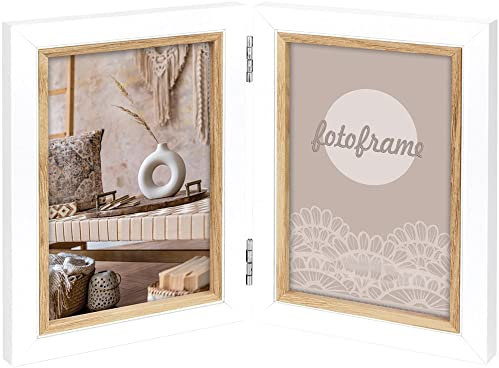matches21 Bilderrahmen Klapprahmen Rahmen Fotos & Bilder Holz weiß Innenkante Hellbraun klappbar 2 Bilder - 1 STK 13x18 cm