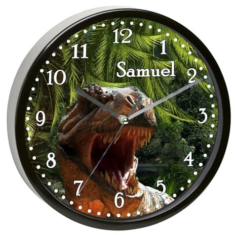 CreaDesign, Wanduhr Kinder personalisiert mit Name, Motiv T-Rex, Rahmen Wanduhr schwarz, Ø 19,5 cm