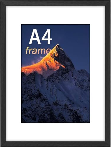 A4 Frame, Wooden A4 Picture Frame, Photo Frame Black with Plexiglass and Mount, Poster Frame with Mount, Puzzle Frames for Tabletop or Wall Hanging, Black
