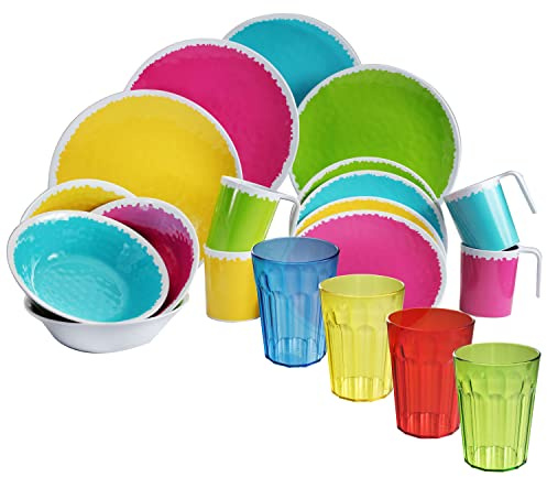Camping Geschirr Set aus Melamin 4 Personen 20 Teile Bunt 450ml modernes
