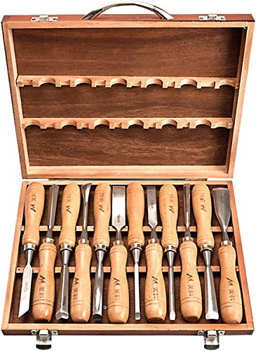 12 juegos de cinceles de madera profesionales, juego de cinceles con hoja de acero al cromo vanadio, juego de cinceles tallados a mano para bricolaje, caja de herramientas, mango antideslizante de h