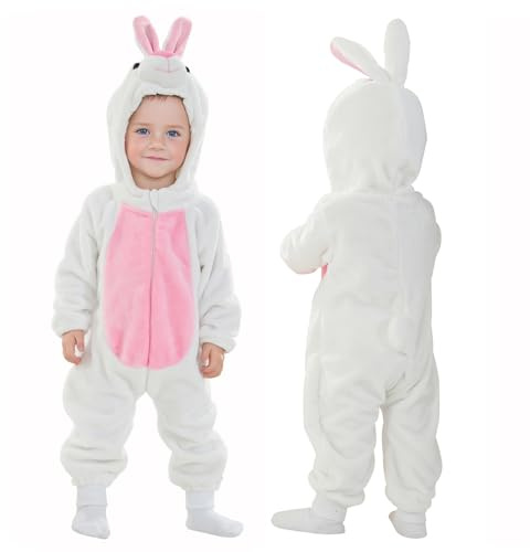 Doladola Babysparkdräkt för pojke och flicka, djurhuva, onesie, småbarn, overall, höst- och vinterkläder(18-24 månader,vit kanin)