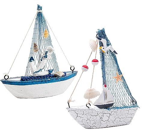 Dtoterul Holz Maritime Boot Deko 2 Stück Nautische Maritime Deko Segelboot aus Holz Nautisches Segelboot Dekor Anker Muschel Nautische perfekt Segelschiff Modell für Büro Schlafzimmer Desktop
