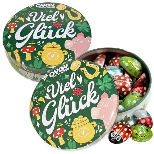 2x OYOY Viel Glück Geschenkbox aus Metall gefüllt mit Glücksbringer Schokolade I Süßigkeiten Box mit Viel Glück Schokolade I Glücksbringer Silvester Geschenk