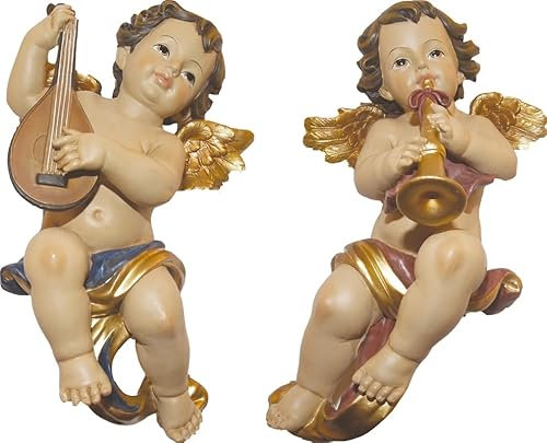 FADEDA 2X Garten Figuren - Wandengel musizierend aus Polyresin, handbemalt - Deko Wandengel musizierend Dekofiguren Garten Deko Gartenfiguren für außen, Höhe: 33 cm