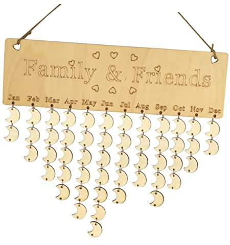 Tofficu Holzplakettenkalender als Geburtstagskalender Hängekalender aus Holz mit Seil und Mondförmigen Accessoires für Heimdekoration