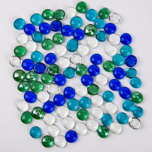 Hisredsun 4 lbs 750 Pcs Mixed Glass Pebbles for Vase Aquarium Plant Decor | 13-16mm Smooth Flat Beads,Vase Filler,Fire Pit Stones,Wedding Table,Garden and Gravesites Decorations,High-Temperature Firing