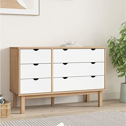 Chaduof Schubladenschrank, Kommode, Komodenschrank, Schubladenelement, Schreibtisch Schrank, Kosmetikschrank, Kleine Schrank, Schubladenkommode, Braun Weiß 113,5x39,5x73cm Massivholz Kiefer