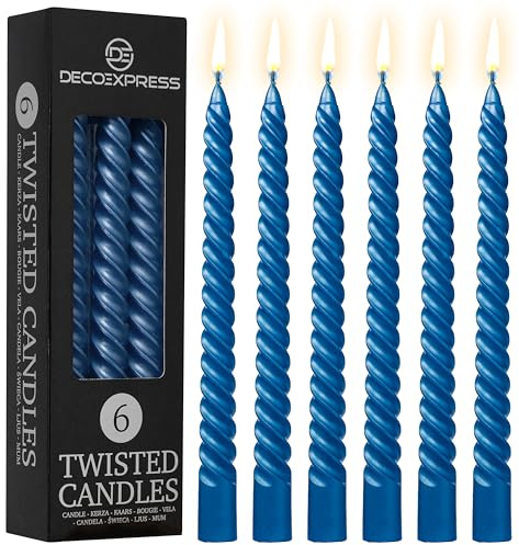 DECO EXPRESS Dinner Candles, Pack of 3 or 6 Twisted Non Drip Spiral Candles, 6 Hours Burn Time Coloured & Non Scented, Mother’s Day & Dinner Decor Idea (Metallic Blue, Pack of 6)