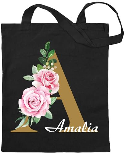 Stoffbeutel personalisiert - schwarz - mit Initial und Name - Wunschtext personalisiert - Einkaufsbeutel - Markttasche - Strandtasche - Einkaufstasche - Geschenk - Watercolor Anfangsbuchstabe