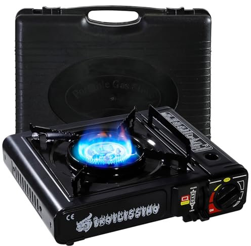 CCLIFE Campingkocher Gaskocher Camping neueste Sicherheitsprüfung 2024, 1-flammig mit Tragekoffe, Gasherd camping mit Piezozündung für Gaskartuschen MSF-1a 227g, Schwarz, DGSKH001A0000swz