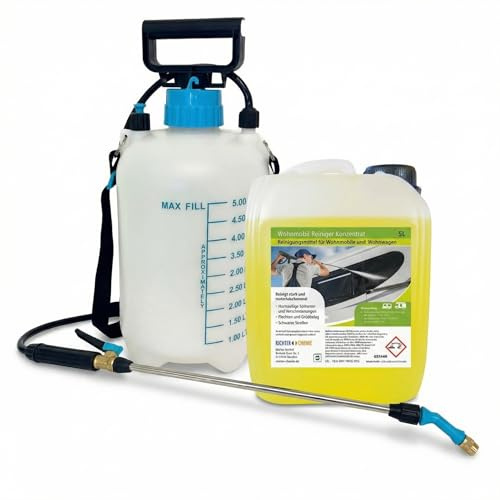 Richter Chemie Wohnwagenreiniger außen Konzentrat 5 Liter, Caravan Reiniger | inkl. Drucksprüher mit Lanze; 1:10 mischbar, bis zu 50 Liter Reinigungslösung; für Lack, Kunststoff und Glas