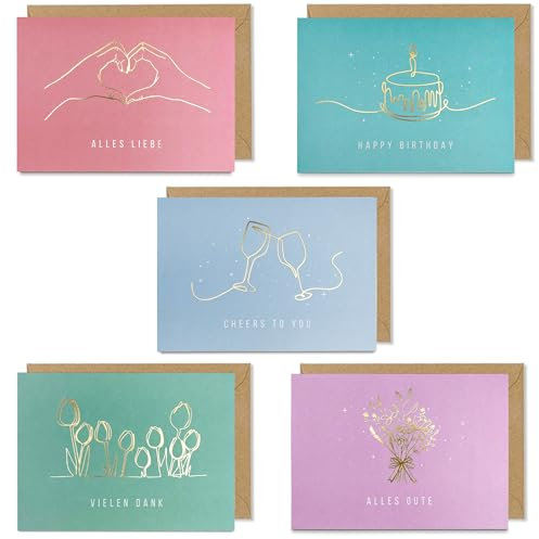 5x Karten zu verschiedenen Anlässen (Geburtstag, Hochzeit) - Dankekarten, Glückwunschkarten - mit Heißfolienprägung - Inkl. Umschlägen - DIN A6 Klappkarten