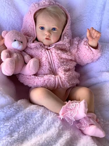 RXDOLL 60CM Realistische Reborn Baby Puppen Große Größe Reborn Kleinkind Mädchen Weicher Stoff Körper gewichtet Baby Puppe mit Blondem Haar Echtes Leben Babypuppen für Alter 3+