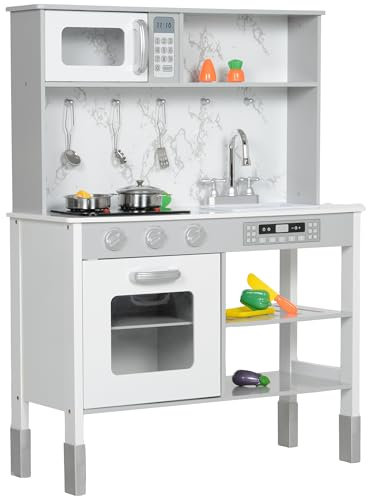 AIYAPLAY Kinderküche Spielküche mit Elektroherd, Mikrowelle, Spüle & Wasserhahn, Höhenverstellbar Puppenküche mit Kochgeschirrset, Rollenspielküchenzubehör für 3-8 Jahre Kinder, Weiß