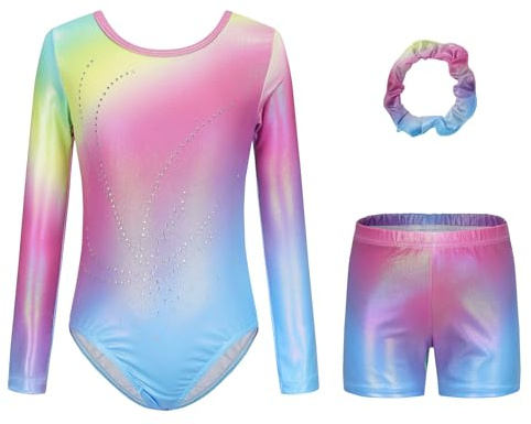 SEAUR Mädchen Turnanzug Turnshorts Set Ärmellos/Langarm Gymnastikanzug mit Hose Kinder Trikot Turnen Shorts Gymnastik Tanzen Kleidung 5-12 Jahre