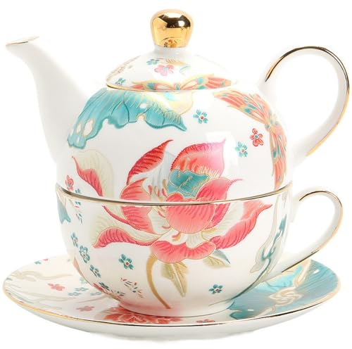 Teiera e tazza da tè per uno, in porcellana, 400 ml, tazza da tè da 250 ml, regalo per donne, set da tè pomeridiano, in ceramica, lavabile in lavastoviglie (tipo 1)