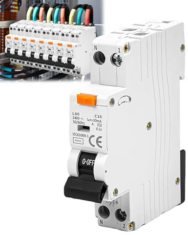 FI/LS-Schalter, 30mA Fehlerstromschutzschalter, FI-Schalter mit RCBO 16Amp Nennstrom RCD-geschützter Leistungsschalter, 230V, Typ A, 1P+N,DIN-Schienen-Montage,Kurve C