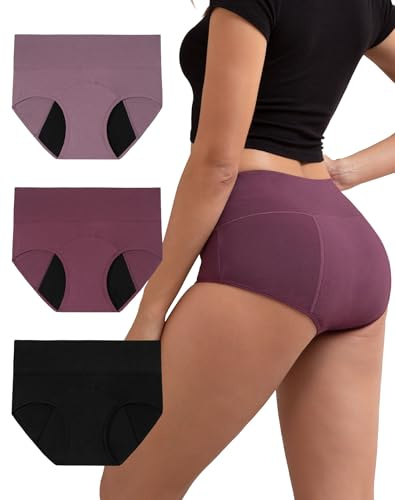 INNERSY High Waist Period Pants Light Flow Menstrual Underwear Maternity Pants after Birth 3 Pack (18, Purple/Violet/Black)