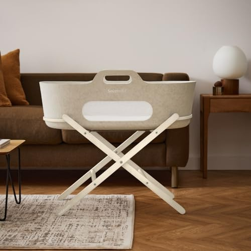 SnuzBaskit Moses Basket with Mattress & Folding Stand Bundle, Breathable Mesh Windows, Travel Crib, Suitable for Newborn to 6 Months, Stylish & Versatile for Home or Travel, Barley & Cashmere